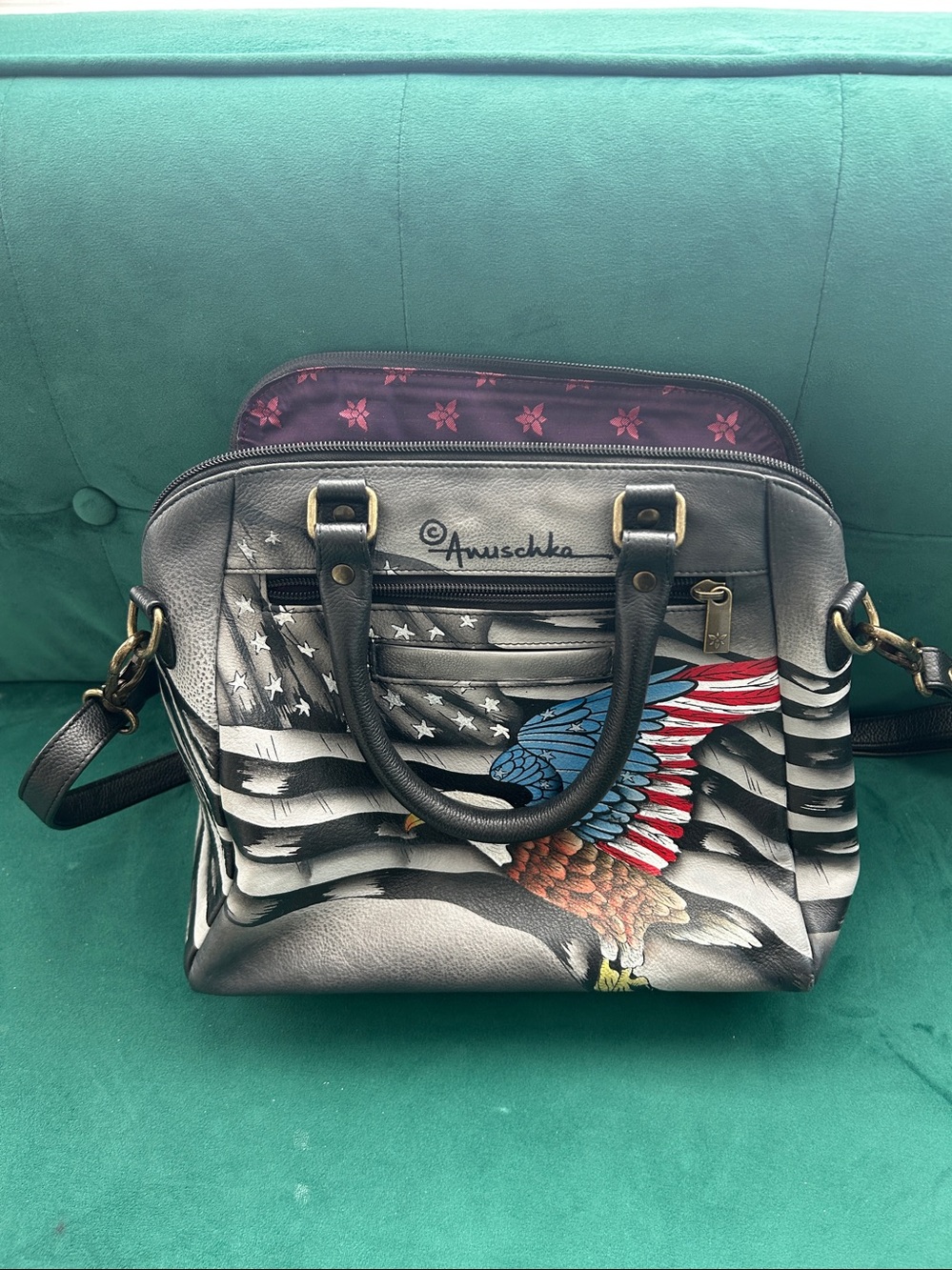 Anuschka Black Satchel with Painted Eagle and Red, Blue, White Accents